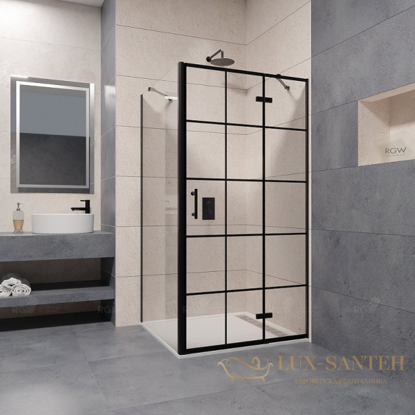душевой уголок rgw passage 41087798-084r pa-77b r 90x80, профиль черный, стекло прозрачное