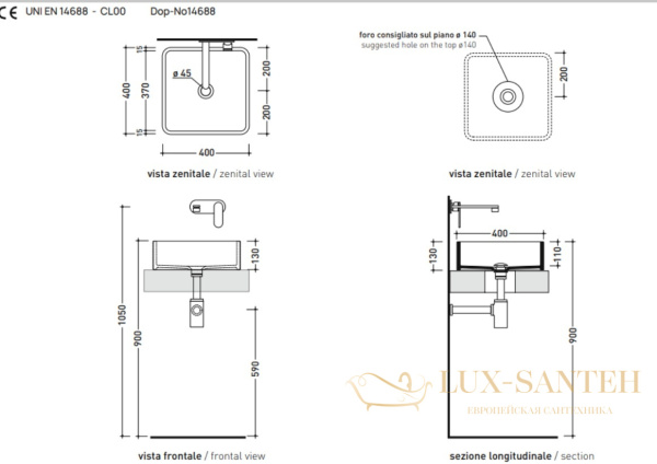раковина flaminia mini 400x400хh130 мм, mwl40, накладная, без перелива, белый глянцевый