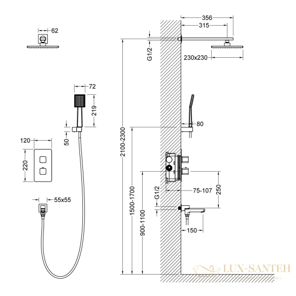 душевая система для для ванны термостатическая встраиваемая timo petruma sx-5049/17sm, золото матовое