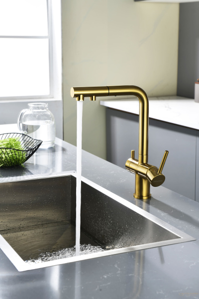 смеситель для кухни под фильтр с гибким изливом paulmark serpentine se213222-bg, золото брашированное