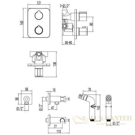 гигиенический душ lemark bronx lm3740gm, со встроенным термостатическим смесителем, графит