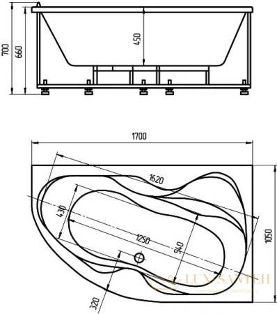 акриловая ванна aquatek вега veg170-0000083 170x105 правая, с фронтальным экраном