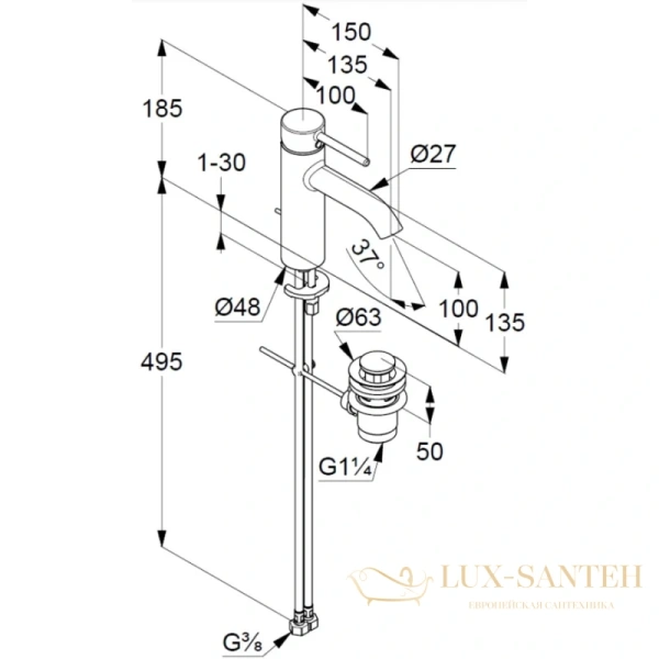 смеситель для раковины kludi bozz 382800576 с донным клапаном, хром