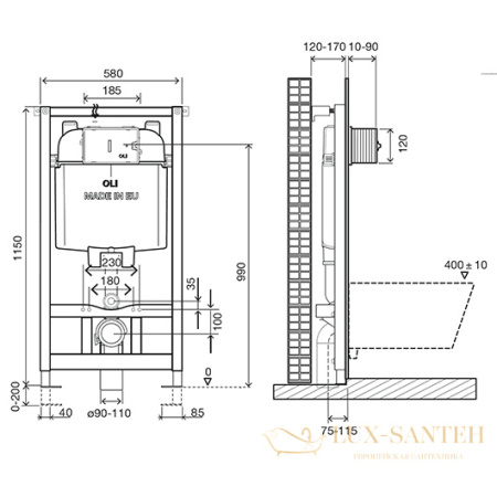 инсталляция oli oli74 plus sanitarblock 601801msl00 для подвесного унитаза с клавишей slim