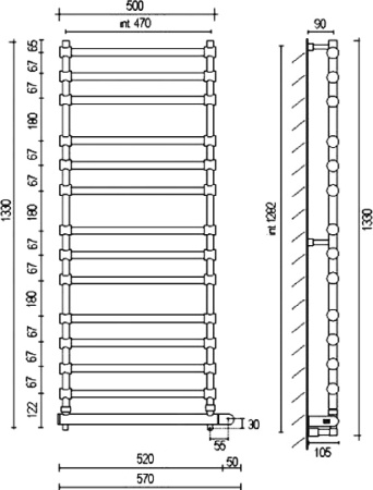 полотенцесушитель электрический margaroli sole 564-14 box 5644714gonb, высота 133 см, ширина 57 см, золото