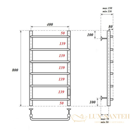 полотенцесушитель 400x800 электрический point ника pn08848 п6 диммер справа, хром