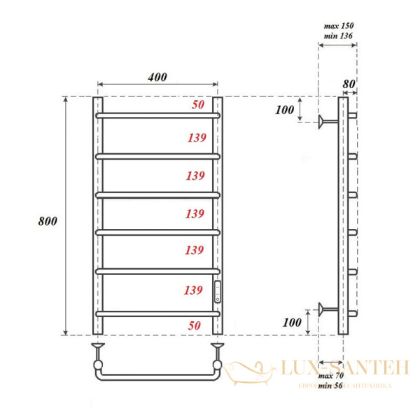 полотенцесушитель 400x800 электрический point ника pn08848b п6 диммер справа, черный