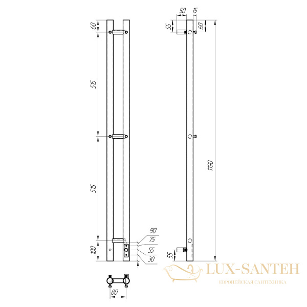 полотенцесушитель 80x1200 электрический point деметра pn12812w п3 диммер справа, белый