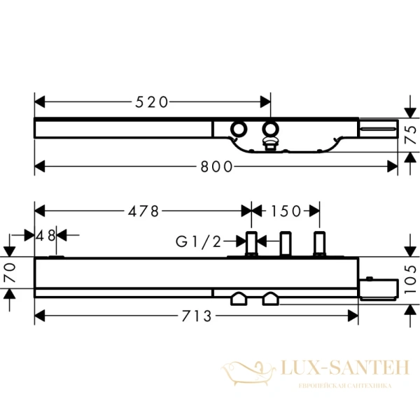 термостат axor showersolutions, 45440820, с полкой 713х70 мм, 2 потребителя, шлифованный никель