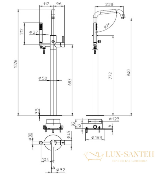 смеситель напольный для ванны bossini teo z00751.073, в комплекте со встроенной частью, черный матовый