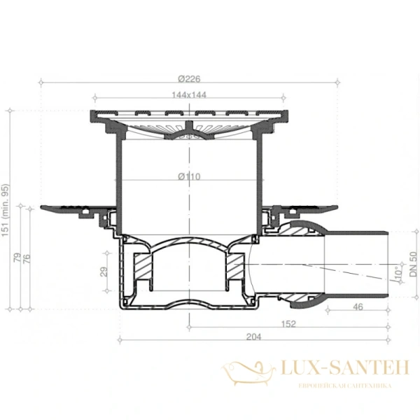 душевой трап bettoserb confluo standard square 1 13000005 144x144/50 мм, хром