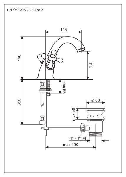 смеситель с донным клапаном emmevi deco classic 12013/no для раковины, черный-золото