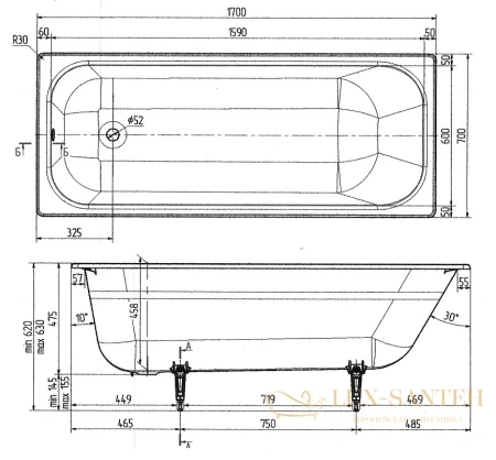 чугунная ванна wotte start 170x70 c отверстиями для ручек, start 1700x700ur, цвет белый
