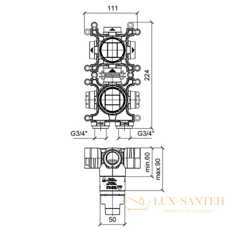 встраиваемая часть almar modular e176907, термостатического смесителя на 3 выхода, вертикальный монтаж