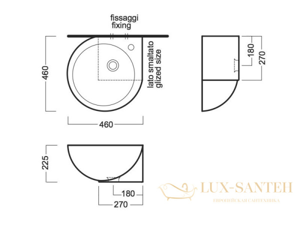 раковина подвесная угловая hatria you&me y0h601, 46х46 см, в правый угол, 1 отверстие для спесителя, с переливом и креплениями, белый глянцевый