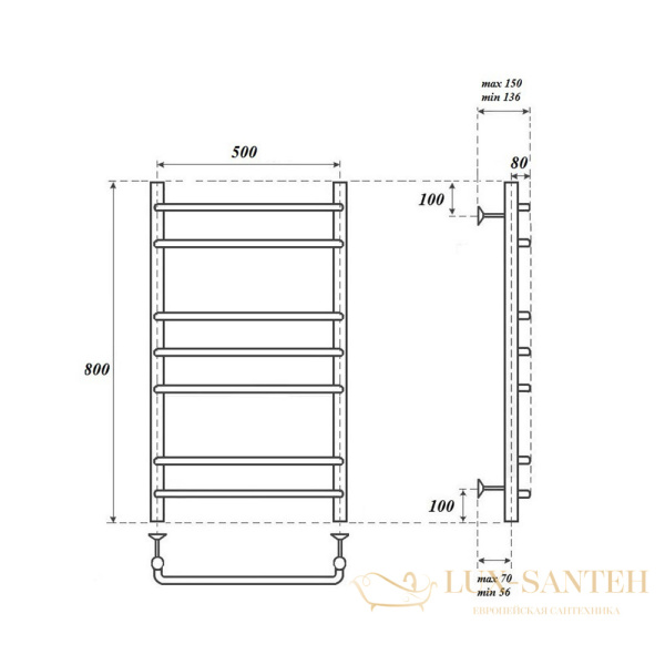 полотенцесушитель 500x800 электрический point нептун pn09158e п7 левый/правый, хром