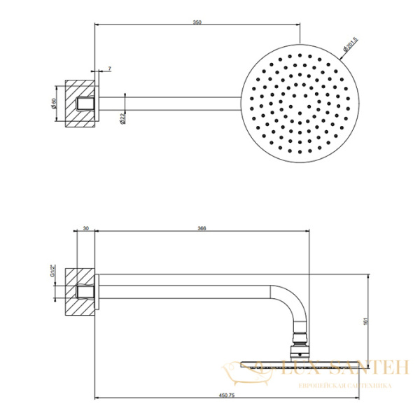 верхний душ 201,5 мм с кронштейном gessi emporio 47382.149, finox brushed nickel
