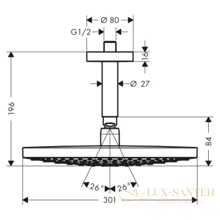верхний душ hansgrohe raindance select s 300 2jet 27337000 с потолочным подсоединением, хром