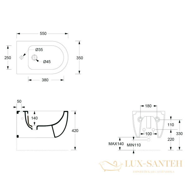 биде подвесное alice unica, 32250101 500*350, белый глянцевый