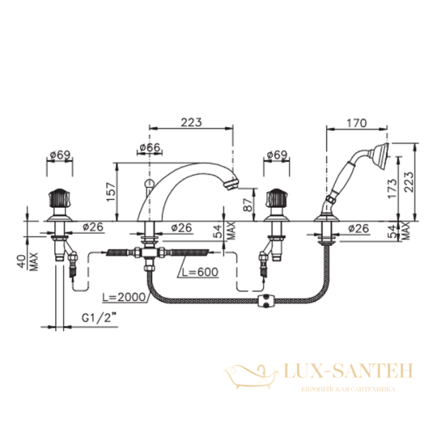 смеситель на борт ванны nicolazzi onice, 2104go09o, 4 отверстия, излив 223 мм, с ручным душем, золото