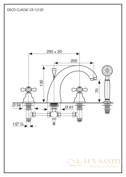 смеситель с ручным душем emmevi deco classic 12120/сo на борт ванны 4 отверстия, хром/золото