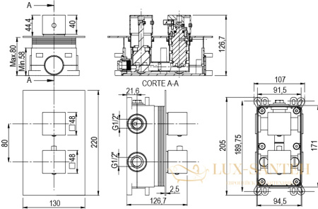 встраиваемый смеситель aqg qu therm 03qut351ng для душа с термостатом на 2 выхода, черный матовый