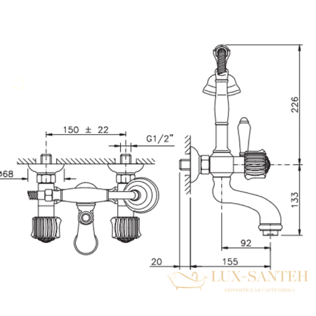 смеситель для ванны nicolazzi onice, 2101go09o, настенный, с душевым комплектом, золото