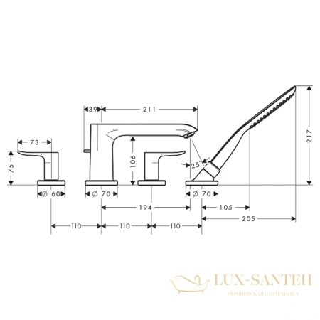 смеситель hansgrohe metris 31442000 на борт ванны, хром