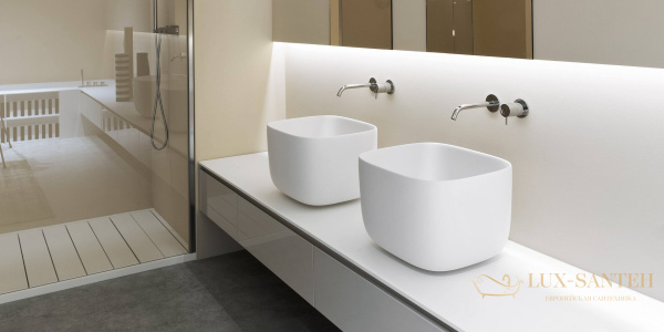 раковина накладная antonio lupi poggio,  46х40х30 см, без перелива, с донным клапаном (хром), из материала: flumood, белый глянцевый