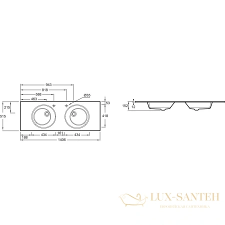 раковина jacob delafon odeon rive gauche eb2566-de1 140,6х51,5 см, белый матовый