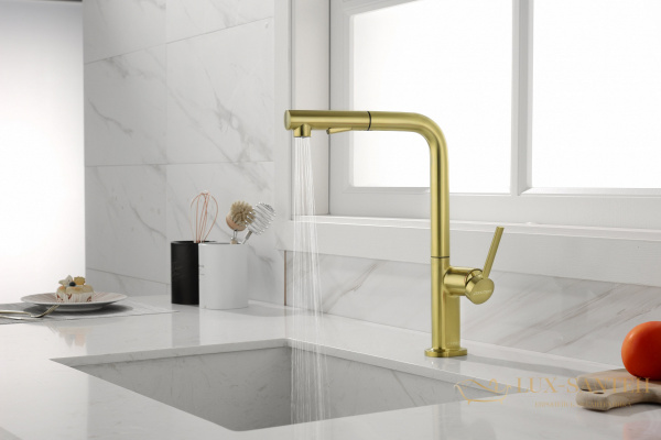смеситель для кухни с выдвижным изливом paulmark neo ne214419-bg, золото брашированное