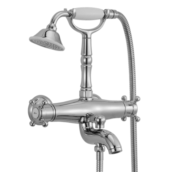 huber victorian, vtt3301021, смеситель термостатический настенный для ванны х душа с ручной лейкой,держателем и шлангом, цвет хром