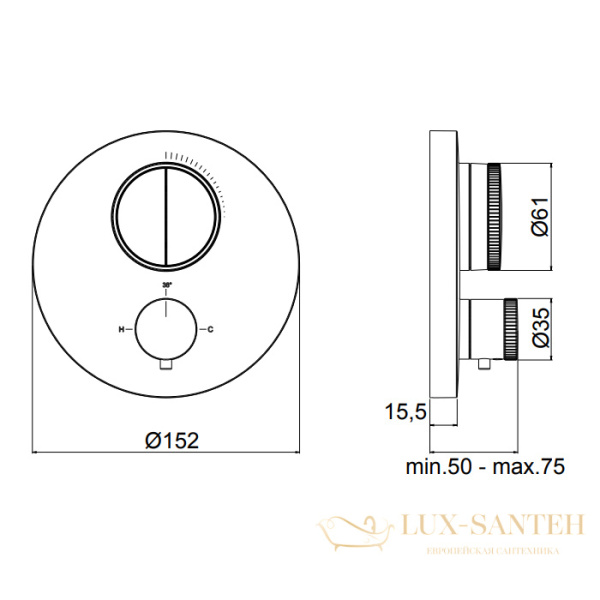 термостат для душа встраиваемый almar core e176632.cr, внешняя часть, на 2 выхода, хром