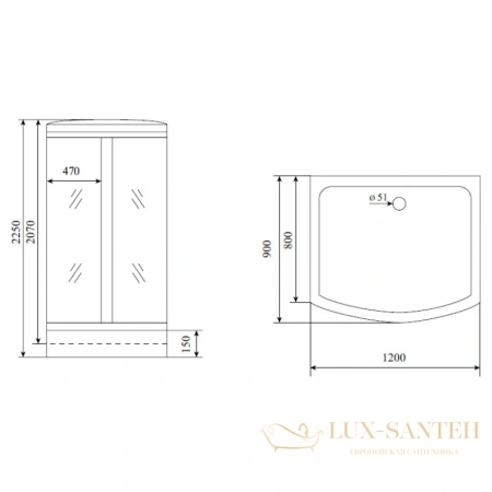 душевая кабина timo lux t-7715 120x90x225 см, стекло прозрачное