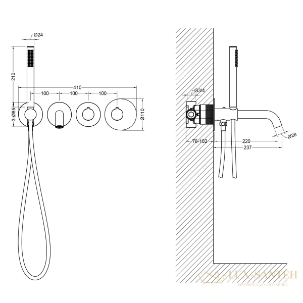 смеситель термостатический для ванны встраиваемый timo saona 2324/03ysm, черный матовый
