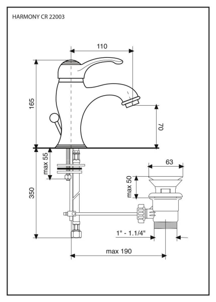 однорычажный смеситель emmevi harmony 22003/or для раковины (излив 11 см) с донным клапаном, золото