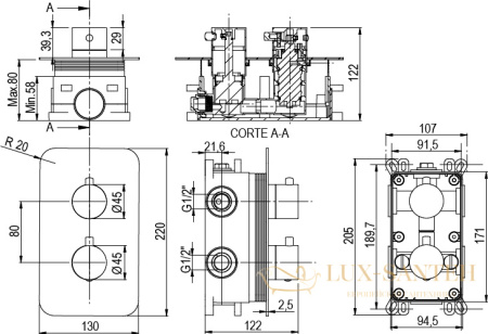 душевой комплект aqg aqua 19aqter22505 с термостатом, с круглым верхним душем 25х25 см и кронштейном 20 см, черный матовый