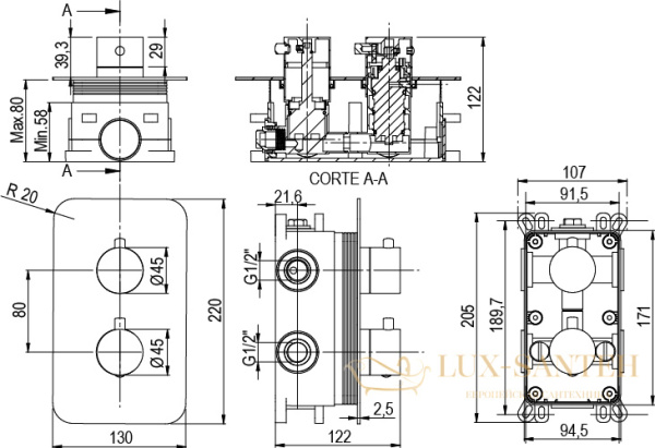 душевой комплект aqg aqua 19aqter22505 с термостатом, с круглым верхним душем 25х25 см и кронштейном 20 см, черный матовый
