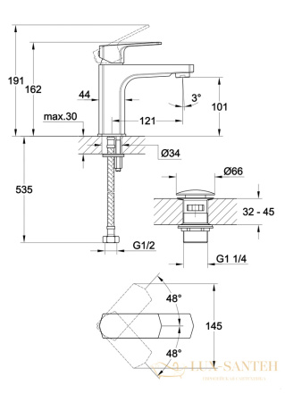 смеситель для раковины cersanit wisla 63055, с донным клапаном, хром