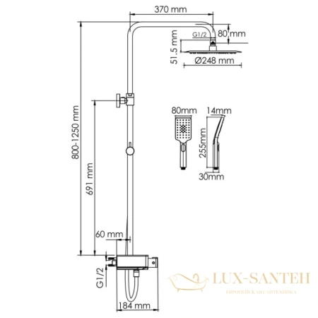 душевая система wasserkraft abens a114.258.130.cb thermo 248 мм, черный матовый