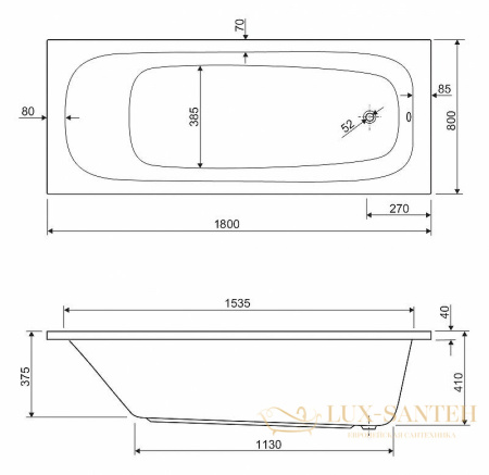 акриловая ванна cezares eco eco-180-80-41-w37 180х80 без гидромассажа, белый
