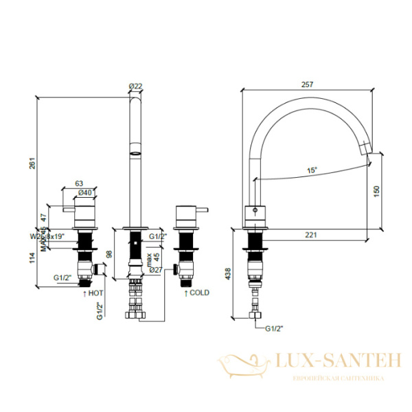 смеситель для раковины на 3 отверстия e214004.ab, без донного клапана, черный хром брашированный pvd
