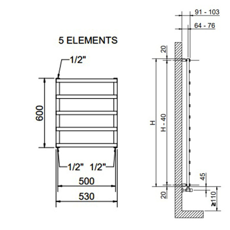 полотенцесушитель водяной cordivari alessandra 3551680400002 600/530 мм (5 перекладин), хром