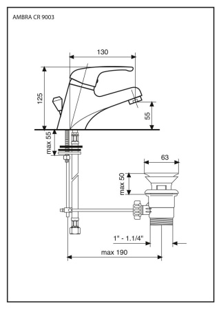 смеситель для раковины emmevi ambra 9003/cr с донным клапаном, хром