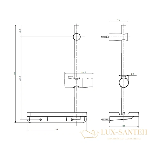 душевая штанга aquame aqm8201b, с полкой/мыльницей, черный матовый