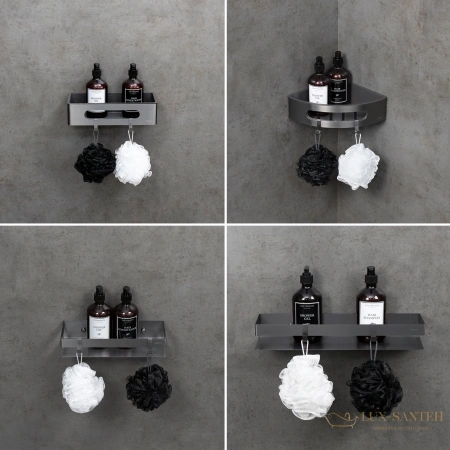 полка для душа lemark shelf line 9776054, 400 мм с крючками, графит