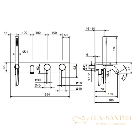 смеситель для ванны встраиваемый fantini nostromo, 50 93 e820b, с ручным душем, излив 150 мм, (наружняя часть), нержавеющая сталь