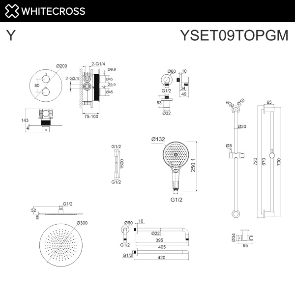 термостатическая душевая система скрытого монтажа whitecross y, yset09topgm, оружейная сталь
