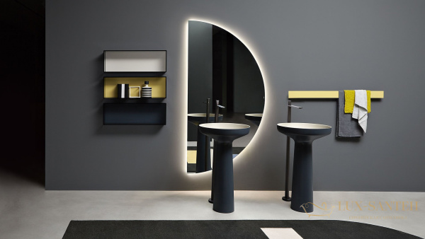 раковина напольная, antonio lupi ago, ago85, ø50хh85 см, без перелива, с донным клапаном (хром), сифоном, слив в пол,из материала: flumood, белый глян