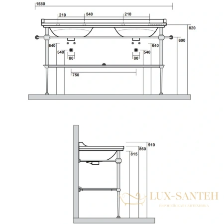консоль kerasan waldorf 9195k2oro для раковины, 150x55 см, золото